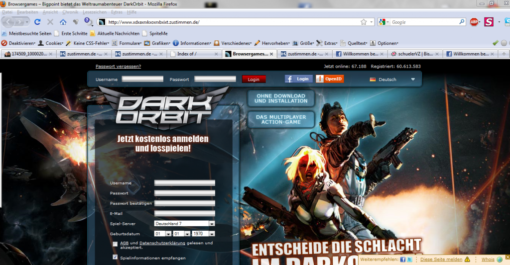 FAKE: Screenshot der DarkOrbit - Loginseite www_xdxaxrxkxoxrxbxixt_zustimmen_de